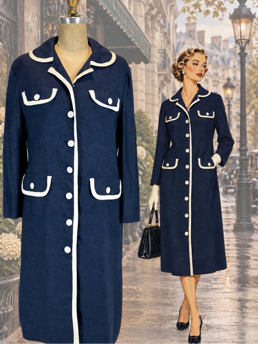 VINTAGE mid century 50s MCM coat dress duster nautical navy blue Parisian chic